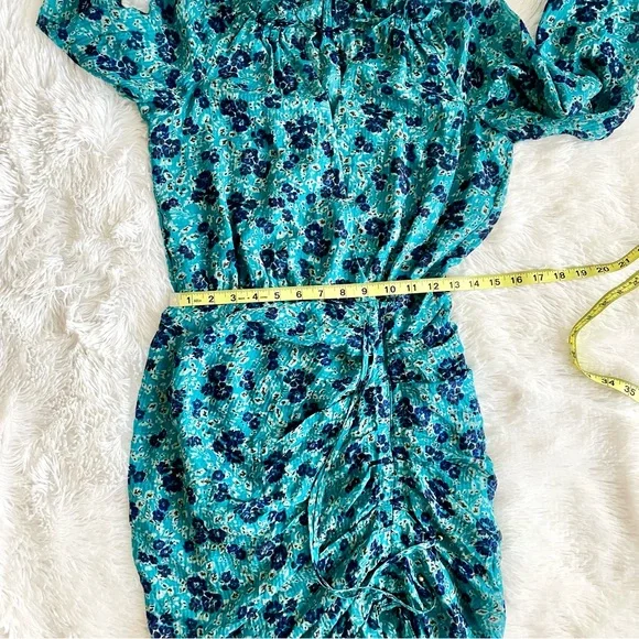 Veronica Beard Becky Dress Silk Ruched Dainty Floral Turquoise